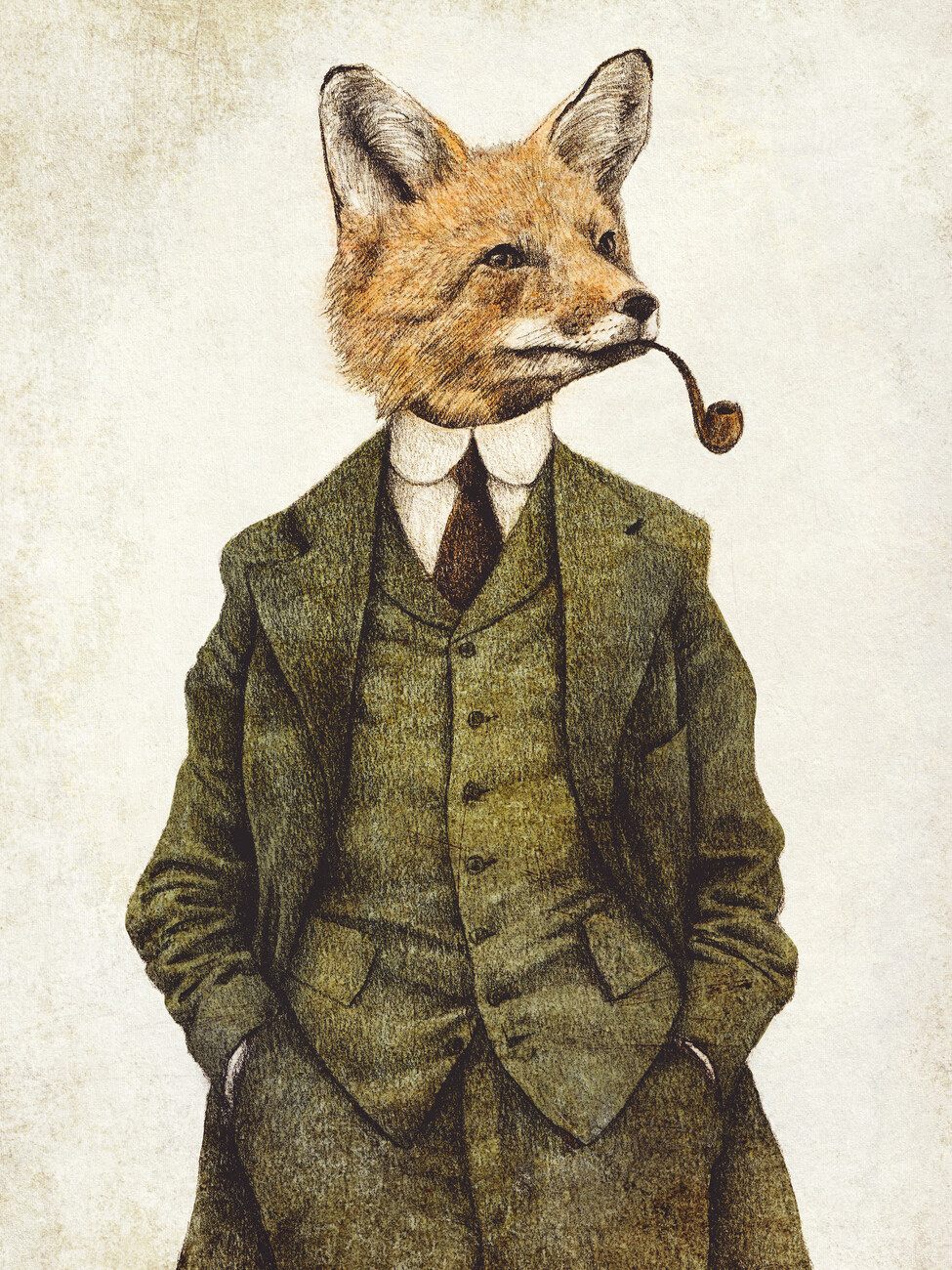 Illustration of a fox in a green suit with a pipe in its mouth.
